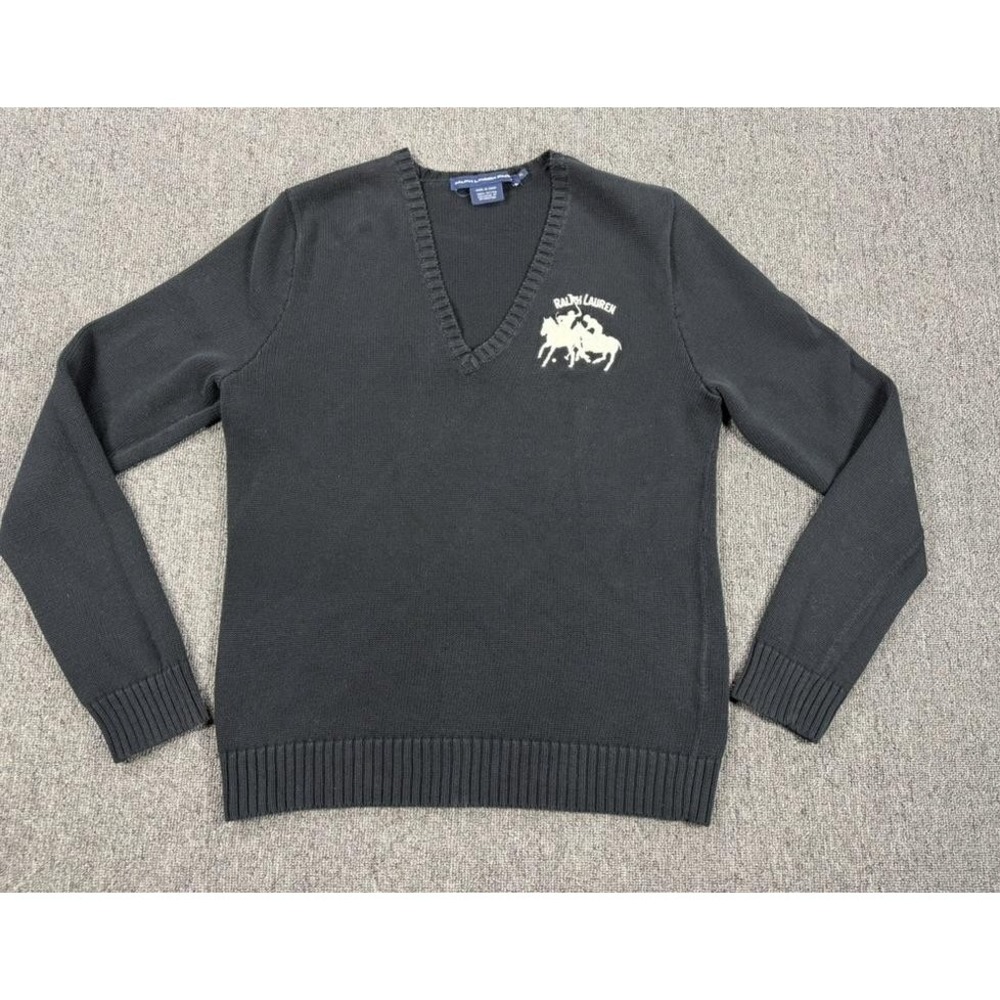 Ralph Lauren Sweater Womens XL Black Cotton Embroidered Big Pony Polo Pullover
